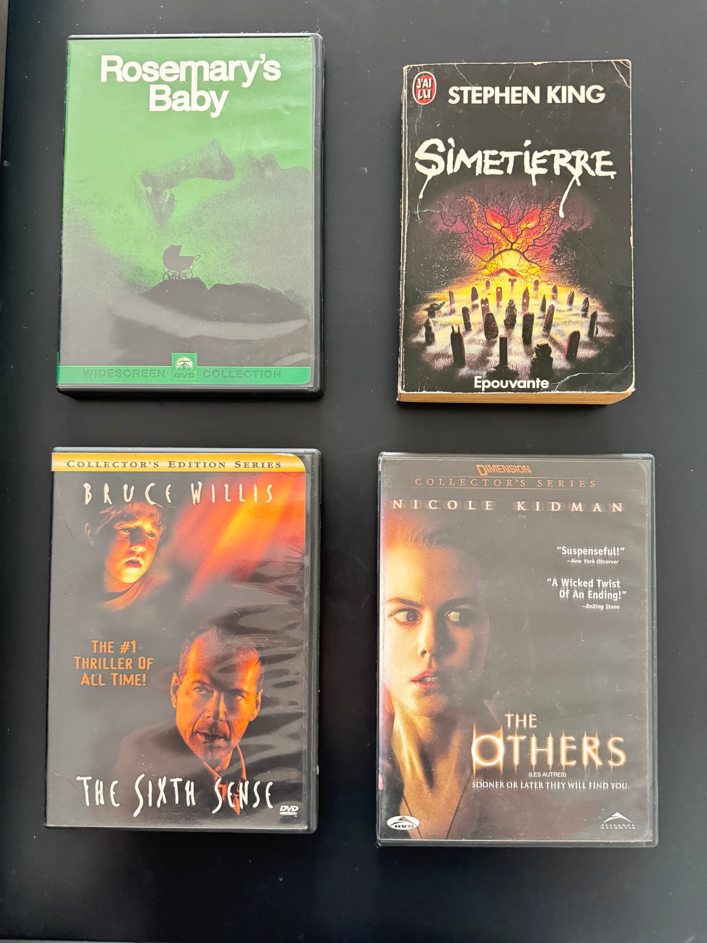 Pack Horreur — Rosemary’s Baby + The Sixth Sense + The Others (DVD US, éditions d’époque) + Stephen King Simetierre (livre FR)