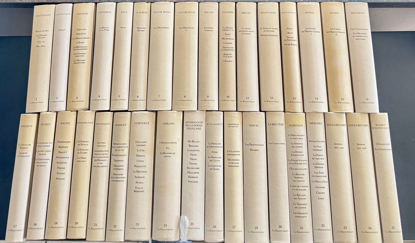 Pack Classiques FR — Collection “La Bibliothèque” (35 volumes reliés numérotés 1→35, jaquettes crème)