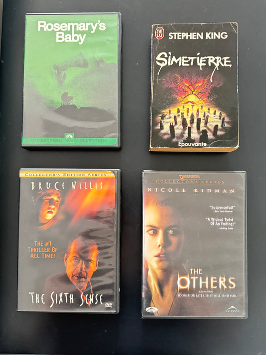 Pack Horreur — Rosemary’s Baby + The Sixth Sense + The Others (DVD US, éditions d’époque) + Stephen King Simetierre (livre FR)