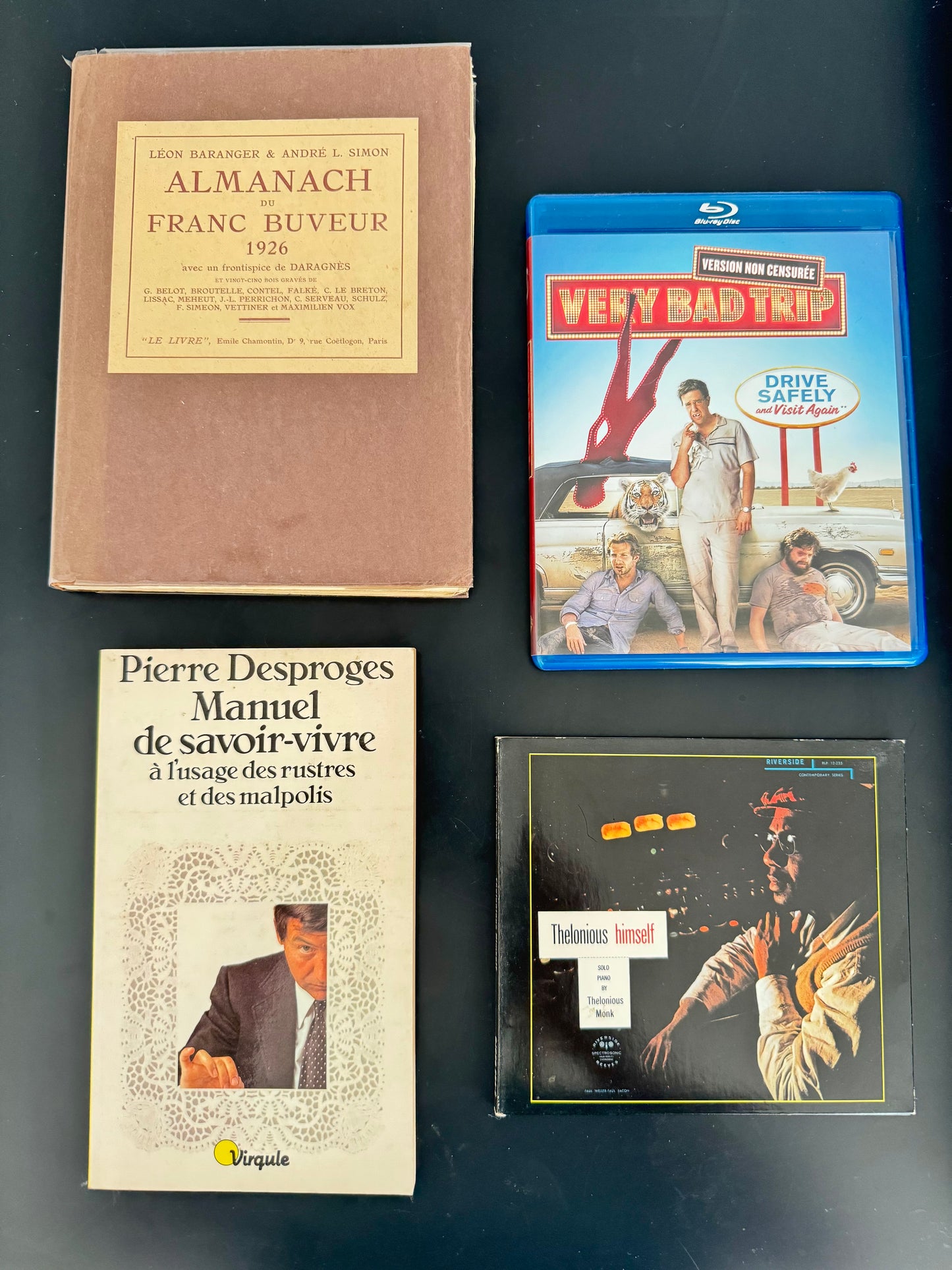 Pack Décalé — Almanach du Franc Buveur (1926, ancien) + Pierre Desproges Manuel de savoir-vivre + Very Bad Trip (Blu-ray FR) + Thelonious Monk Thelonious Himself (CD)