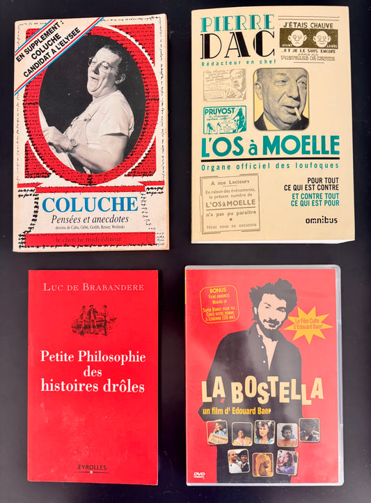 Pack Humour — Coluche Pensées et anecdotes + Pierre Dac L’Os à moelle + Luc de Brabandere Petite philosophie des histoires drôles + La Bostella (DVD)