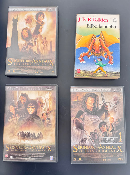 Pack Tolkien — Le Seigneur des Anneaux (La Communauté / Les Deux Tours / Le Retour du Roi – 3 DVD Édition Prestige) + Bilbo le hobbit (livre)