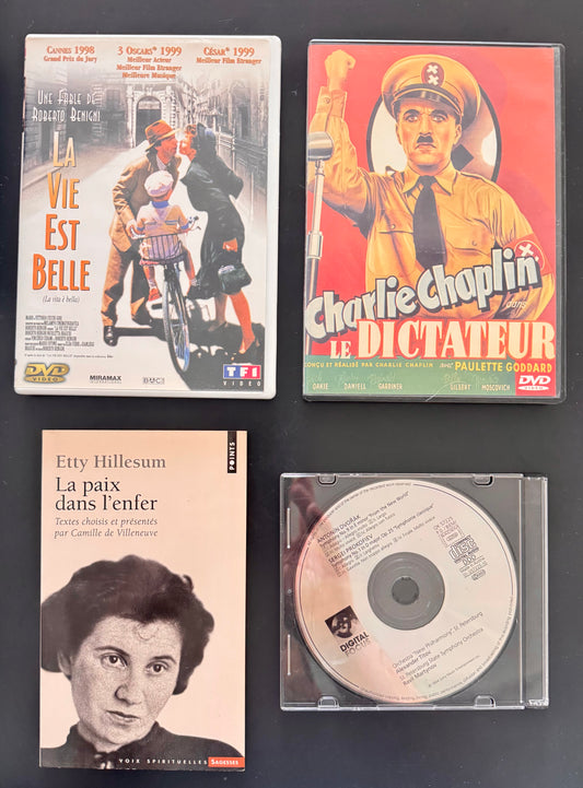 Pack Humanité & Résilience — La vie est belle (DVD FR) + Chaplin Le Dictateur (DVD FR) + Etty Hillesum La paix dans l’enfer (livre) + CD classique Dvořák/Prokofiev