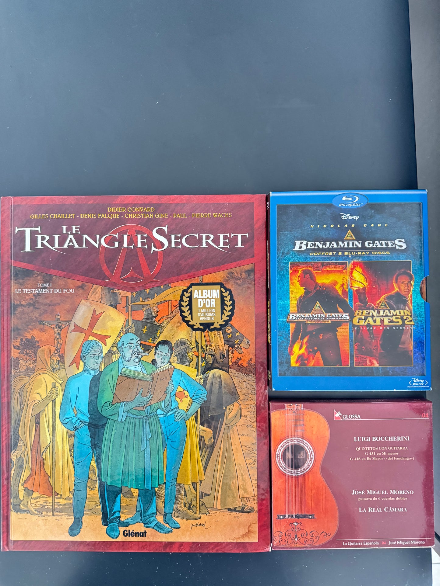 Pack Mystères & Trésors — BD Le Triangle Secret (Glénat) + Coffret Benjamin Gates 1 & 2 (Blu-ray FR) + Boccherini Quintetos con Guitarra (CD, Glossa)