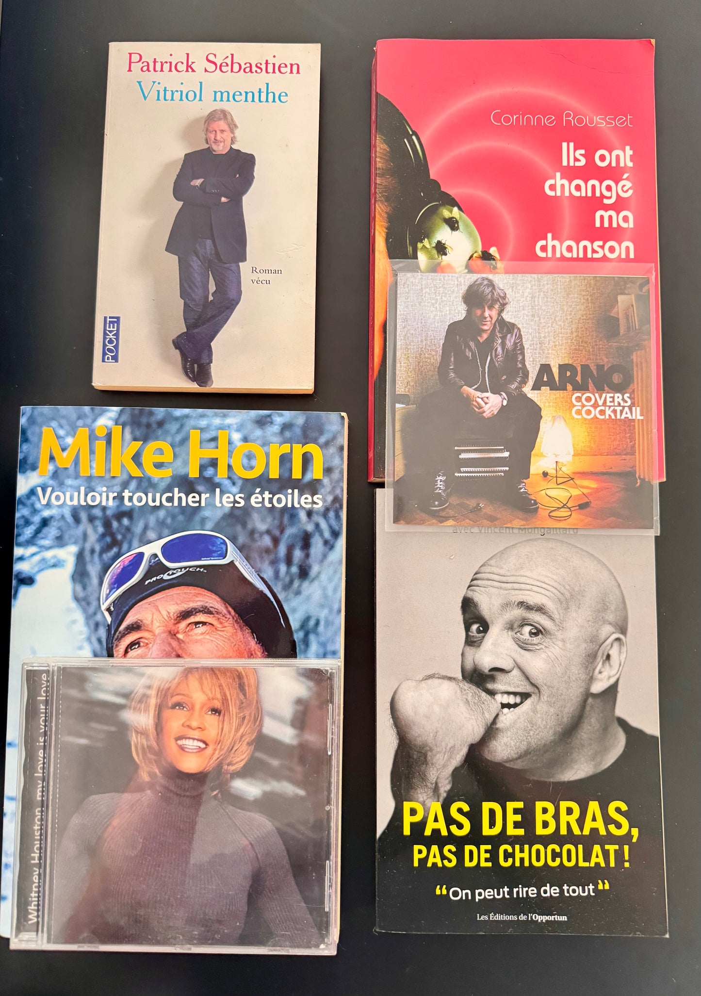 Pack Mix FR — 4 livres (Sébastien, Rousset, Horn, Pas de bras…) + 2 CD (Arno, Whitney Houston)
