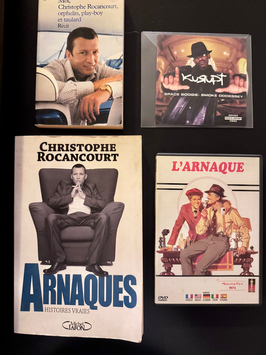 Arnaques & Hustle – 2 livres de Christophe Rocancourt + DVD L’Arnaque (1973) + CD Kurupt